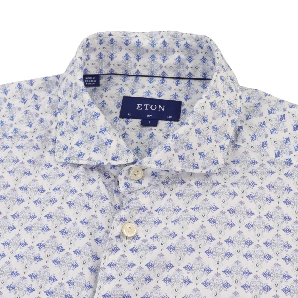 Eton Dress Shirt Mens 16.5 White Blue Geometric Print Slim Fit Long Sleeve